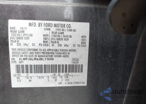 2018 Lincoln Mkx Reserve z USA, uszkodzony, nr VIN 2LMPJ6LR9JBL11659